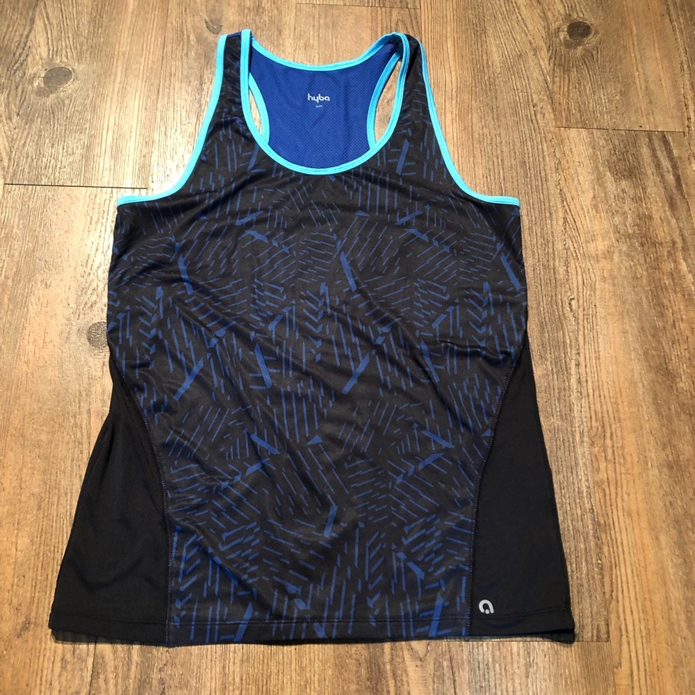 💜 2/$15 💜 HYBA black & blue workout tank top!!! Size L